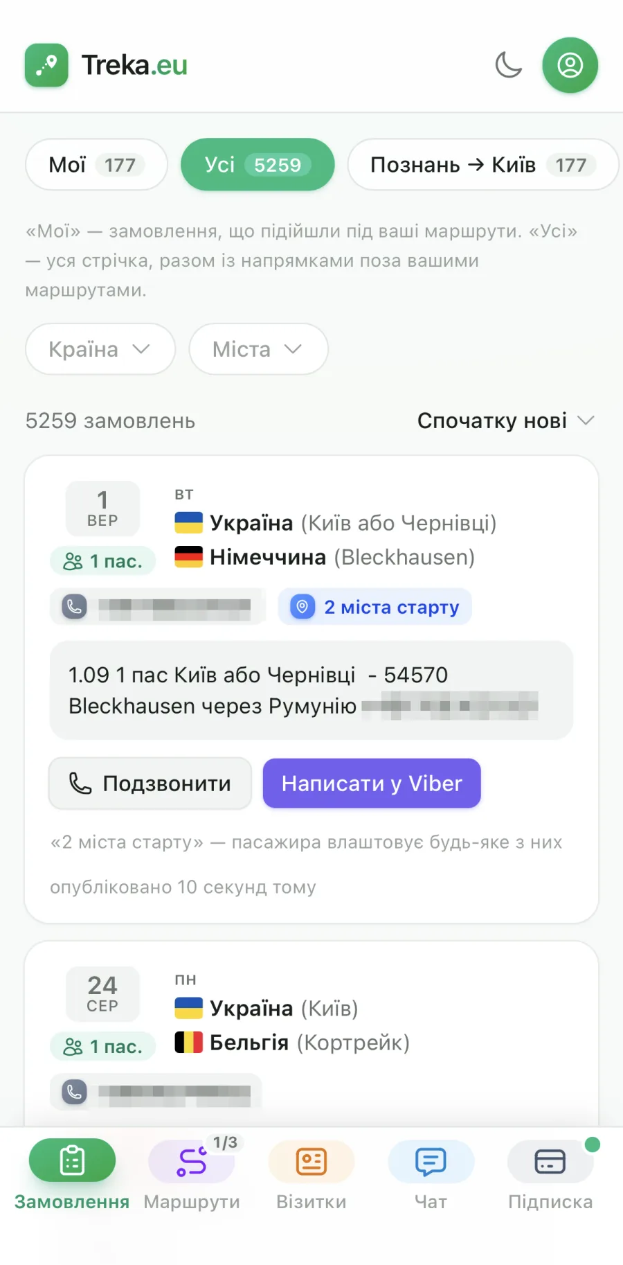 Стрічка замовлень у застосунку Treka.eu: дата, напрямок, кількість пасажирів і кнопка зв'язку