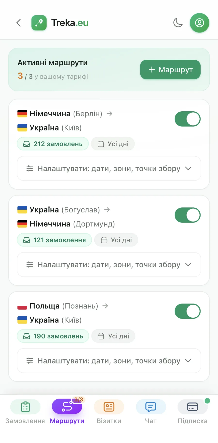 Список маршрутів перевізника в Treka.eu: напрямки, дати й перемикач активності