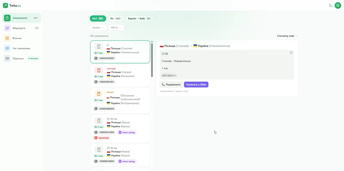Веб-кабінет Treka.eu у браузері: стрічка замовлень із напрямками, датами й контактами пасажирів